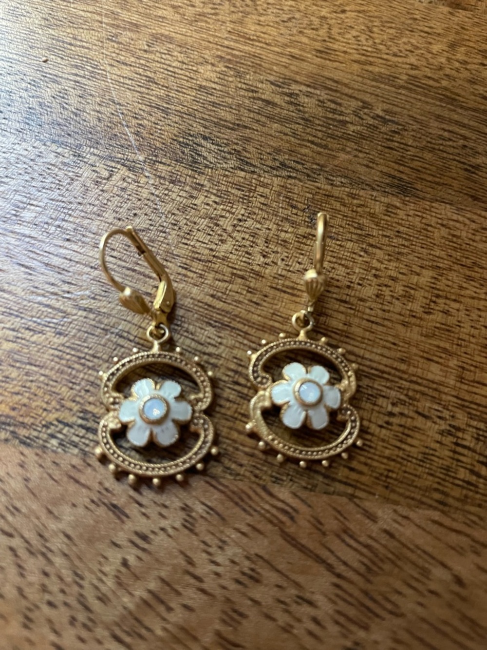 Vintage Gold-Tone Drop Earrings with White Enamel Flowers